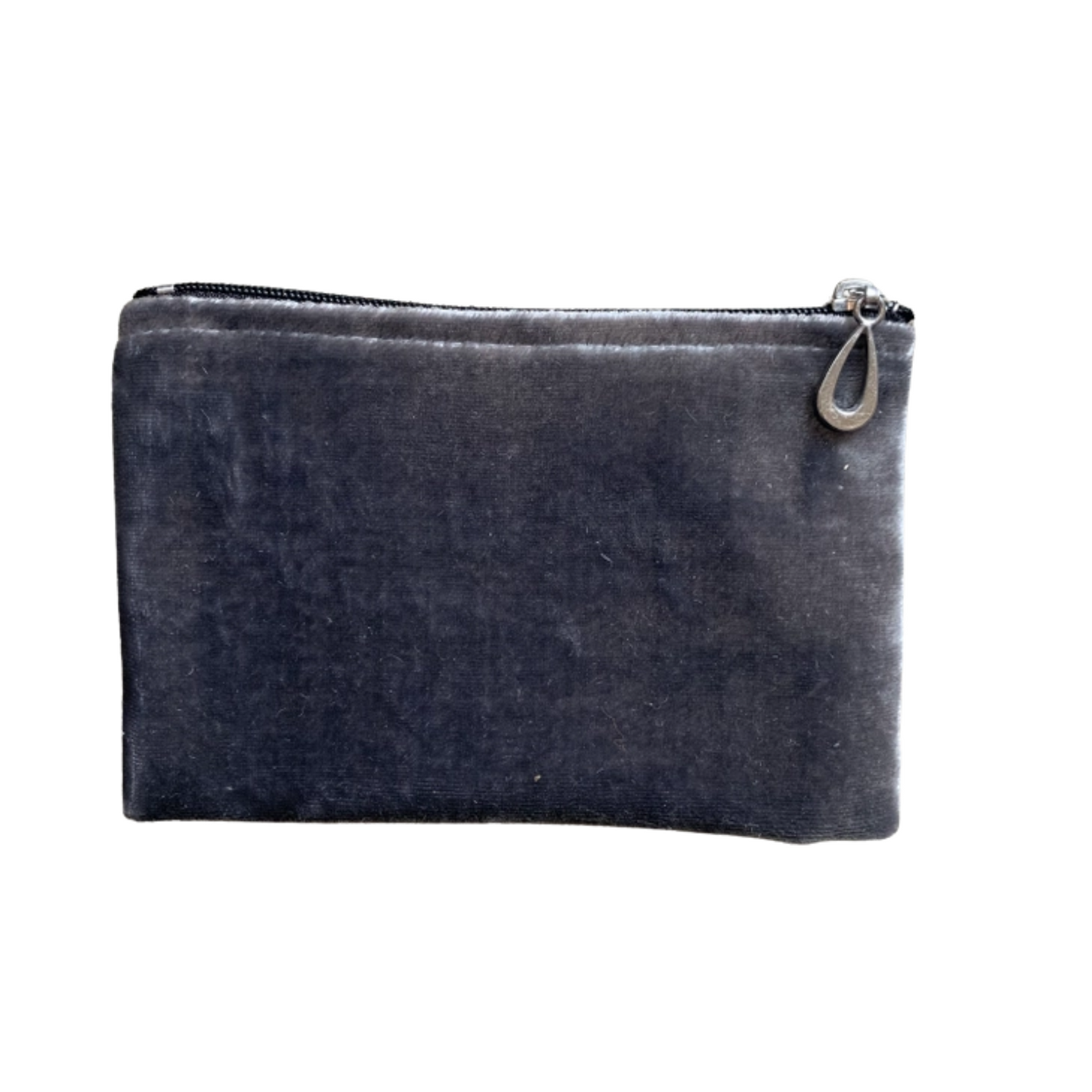 Small silk velvet pouch in charcoal with zip top and teardrop zipper pull.