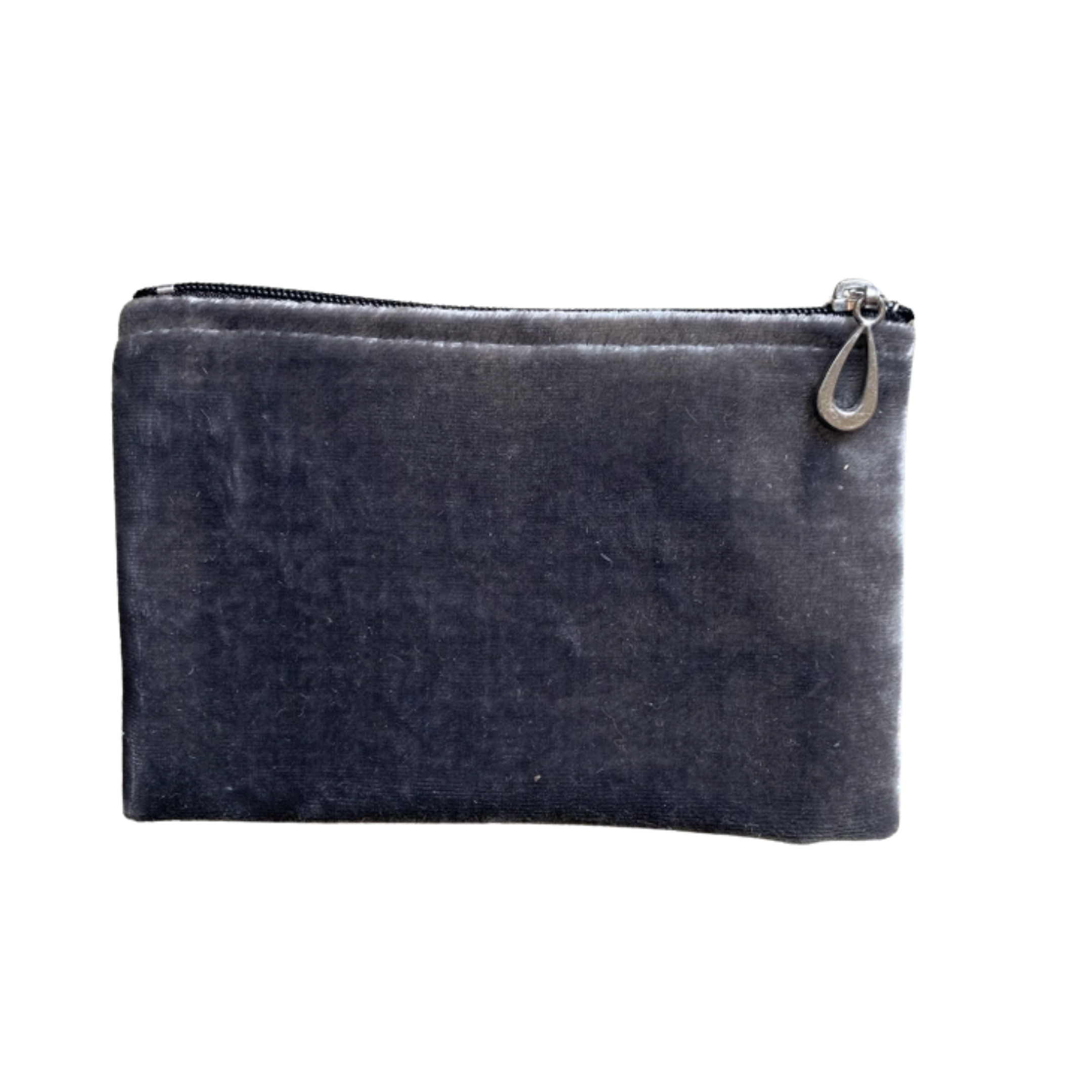 Small silk velvet pouch in charcoal with zip top and teardrop zipper pull.