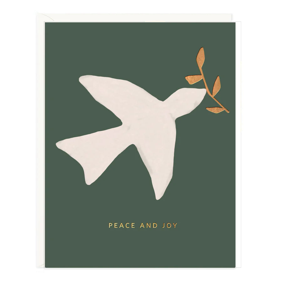Peace and Joy holiday greeting card with white dove and olive branches