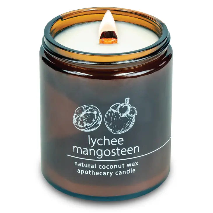 Organic coconut wax candle in amber jar, lychee mangosteen label, wood wick