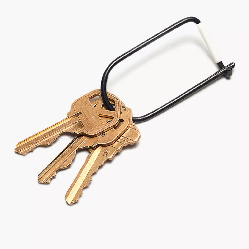 Black metal keyring with four keys and a U-shaped loop