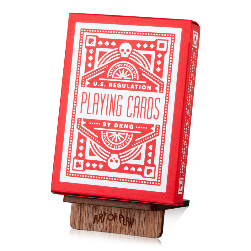 Wooden deck stand holding a red Playing Cards display card, Art of Play text