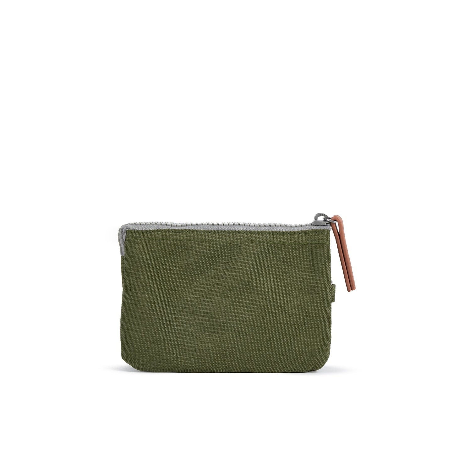 Small recycled canvas zipper pouch, olive fabric with ring pull and leather-look zipper tab
