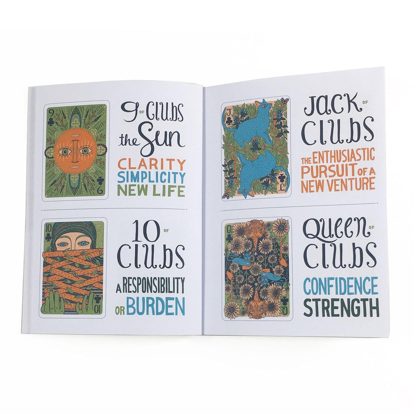 Open tarot booklet with colorful printed card titles and symbols