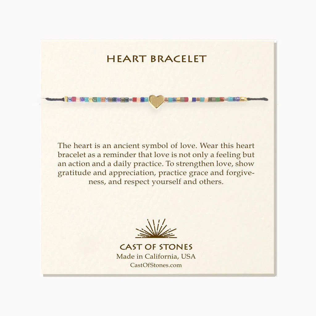 Bright beaded heart bracelet with small gold-tone heart charm at the center.