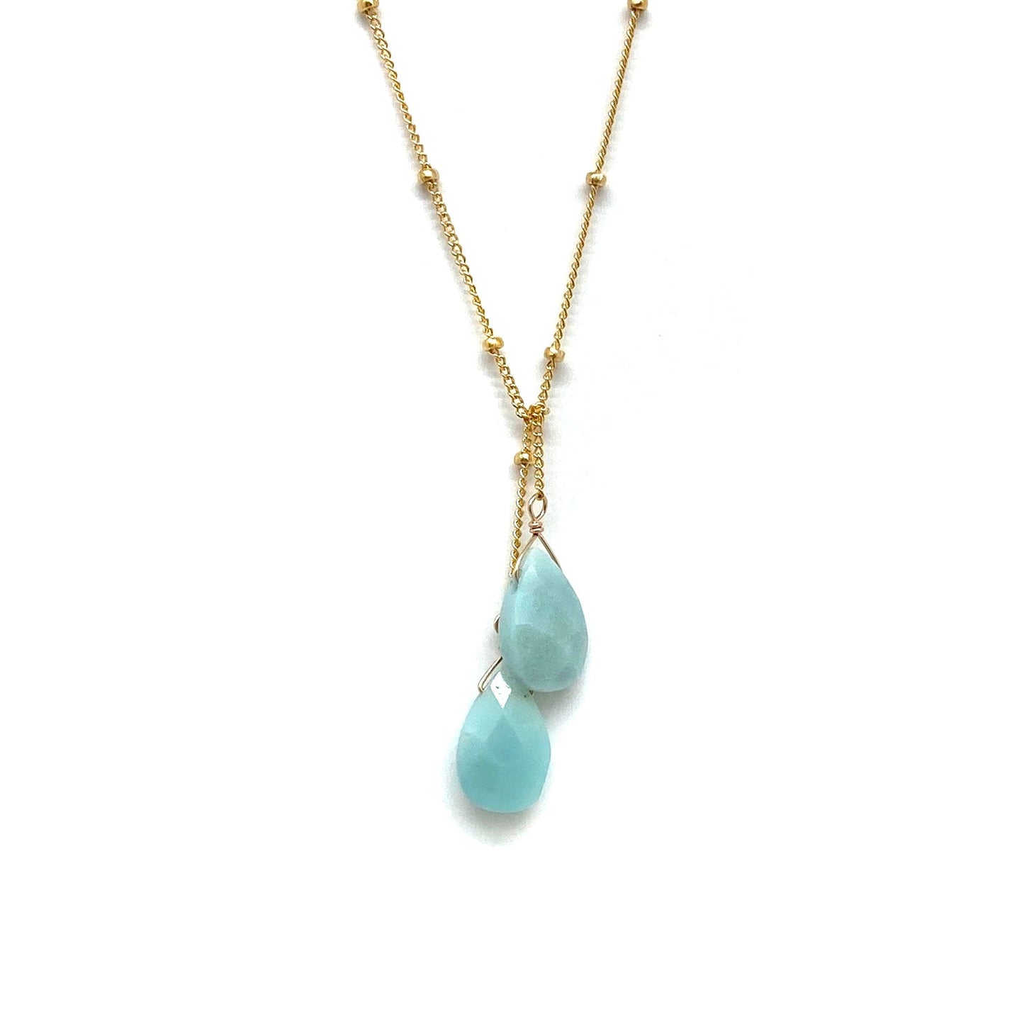 Gold-filled lariat necklace with two light blue teardrop stone drops