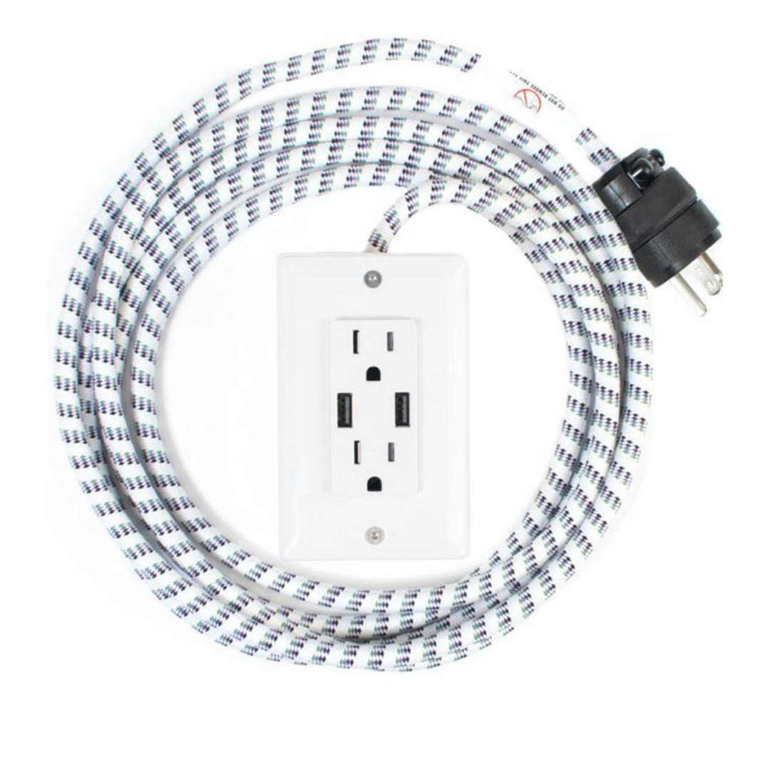 Dual outlet power cord with blue-and-white braided cable and white outlet box