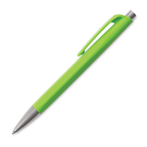 Green ballpoint pen with silver tip, clip, and clear grip window