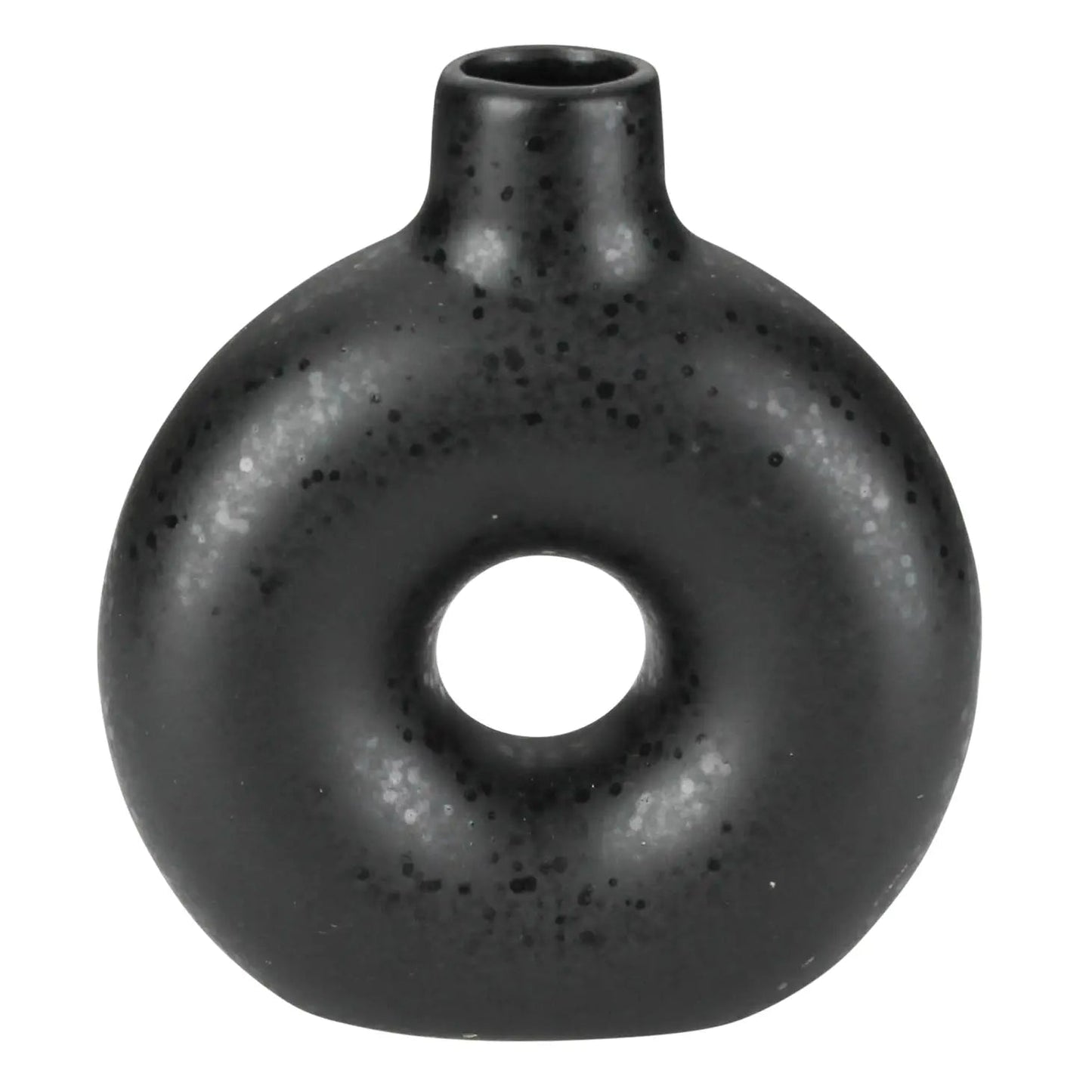 Orie ceramic vase in matte black, round body with short neck and center cutout hole.