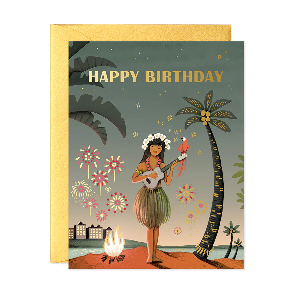 Hawaii girl birthday card with “Happy Birthday” text, palm tree, fireworks, and dancing girl