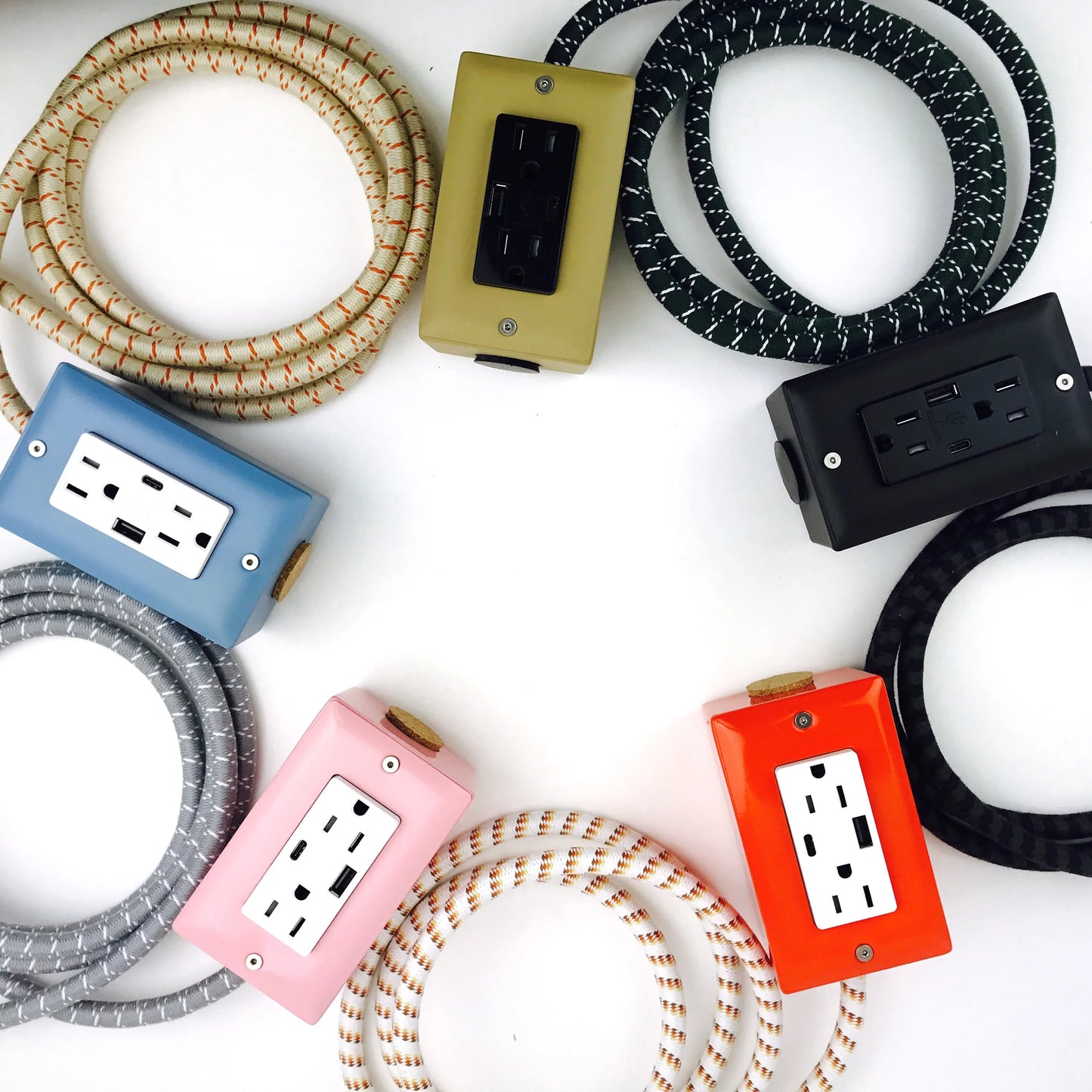 Dual outlet power cord with black-and-white braided cable and yellow outlet box