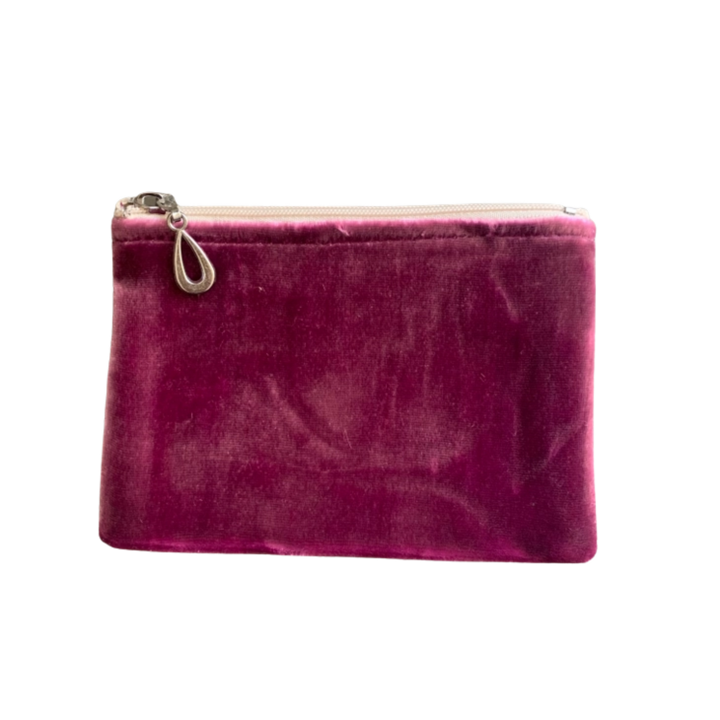 Small silk velvet pouch in wine-magenta with zip top and teardrop zipper pull.