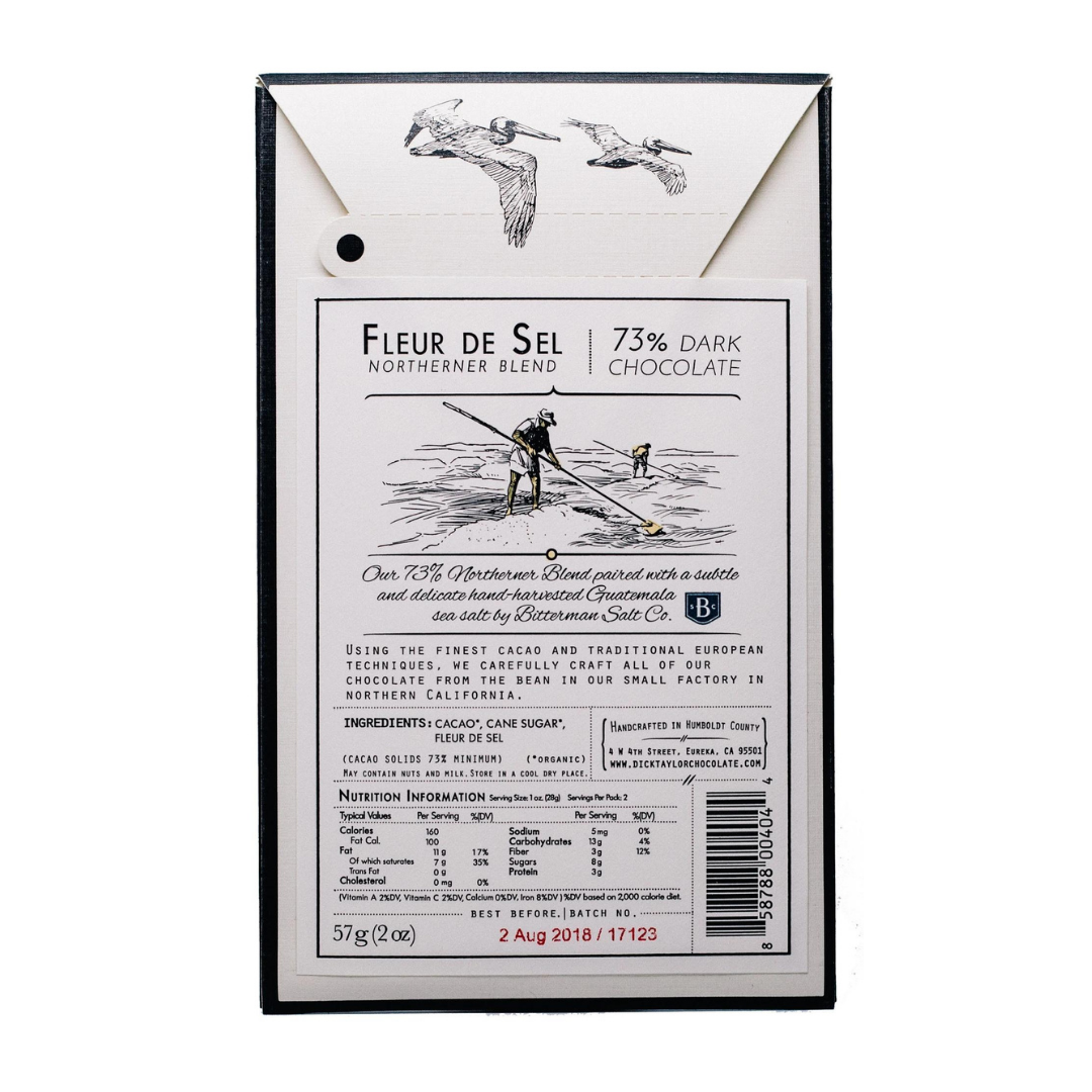 Dick Taylor dark chocolate gift box back panel with ingredients and nutrition table