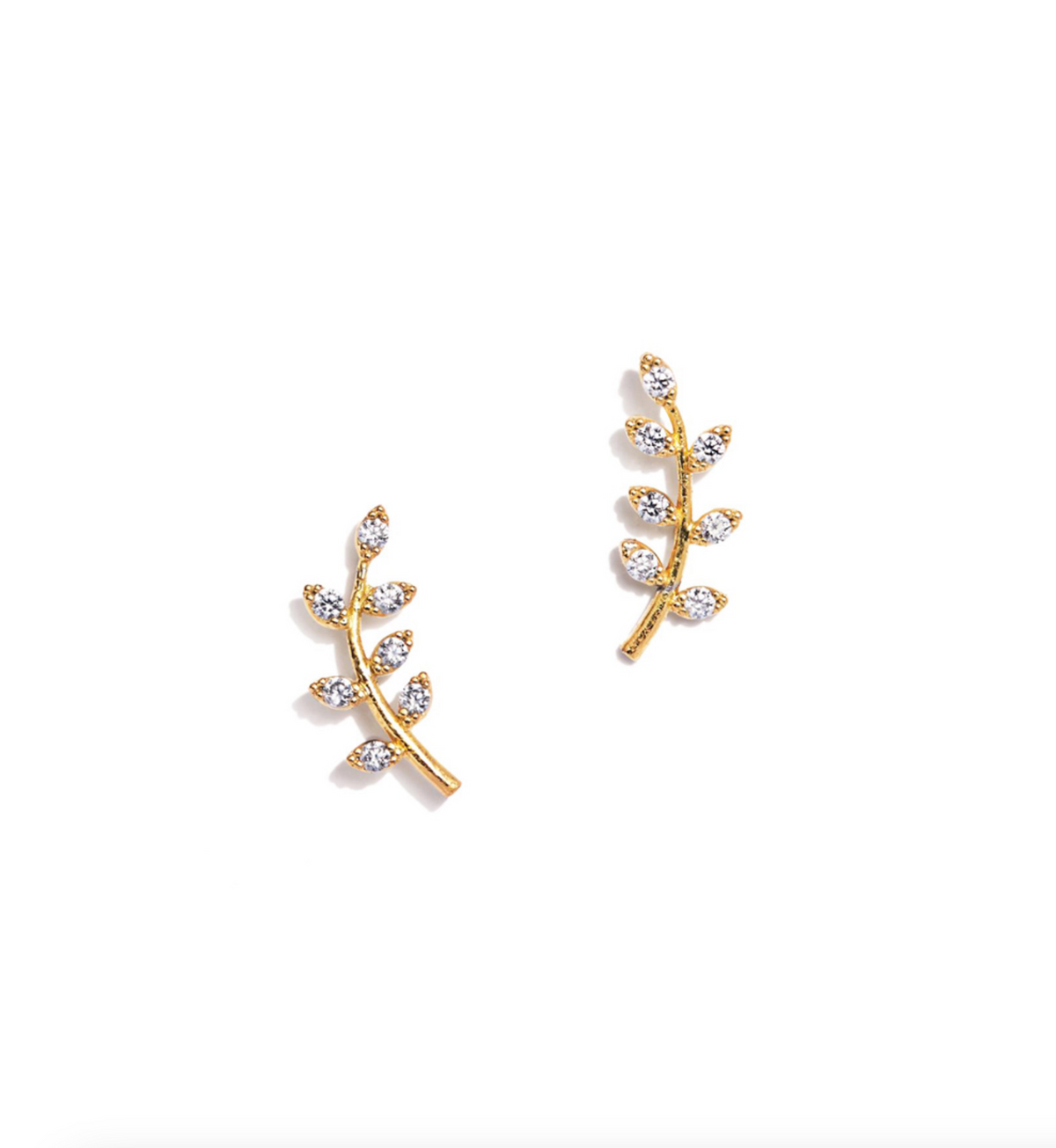 Gold-tone leaf branch stud earrings with clear rhinestones, pair