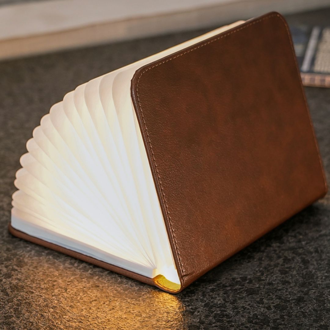 Brown leather smart booklight with hinged cover, open fan pages