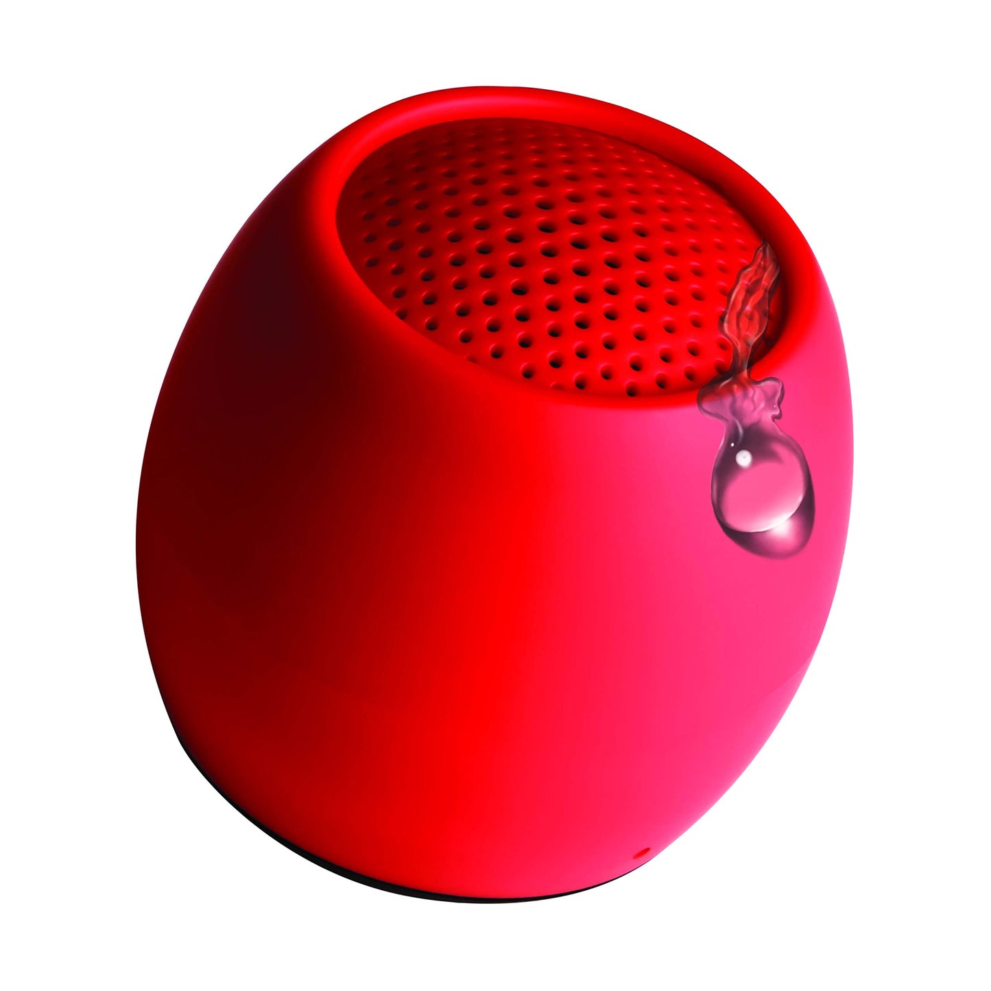 Red mini wireless speaker with top perforated grille and small lanyard loop