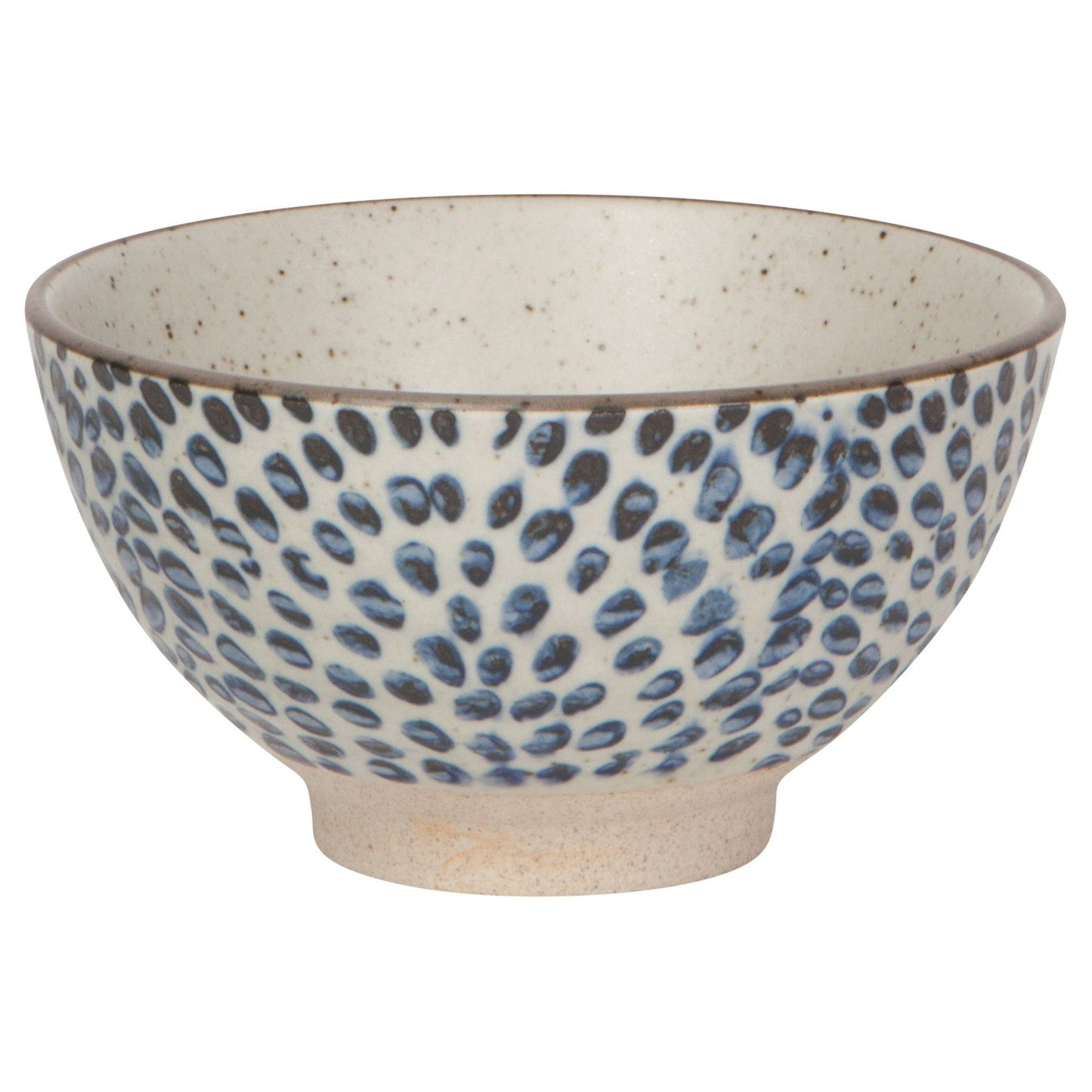 Small ceramic bowl with blue droplet pattern and speckled beige exterior