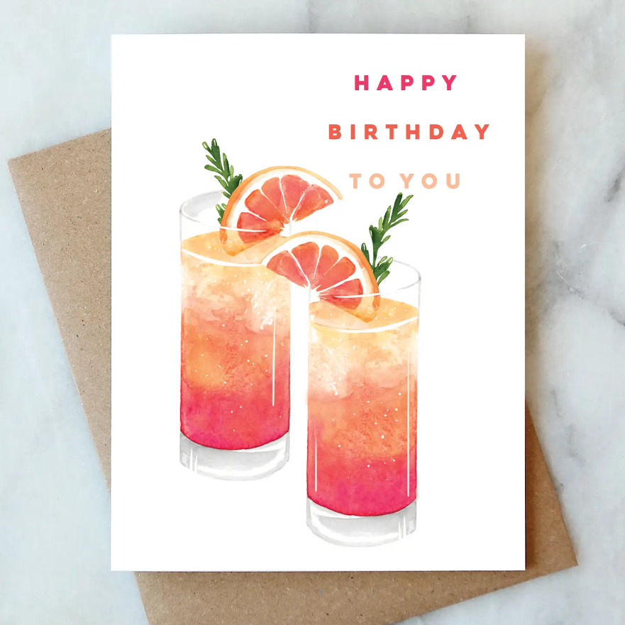 Palomas birthday card with HAPPY BIRTHDAY TO YOU text and two citrus cocktail glass illustrations