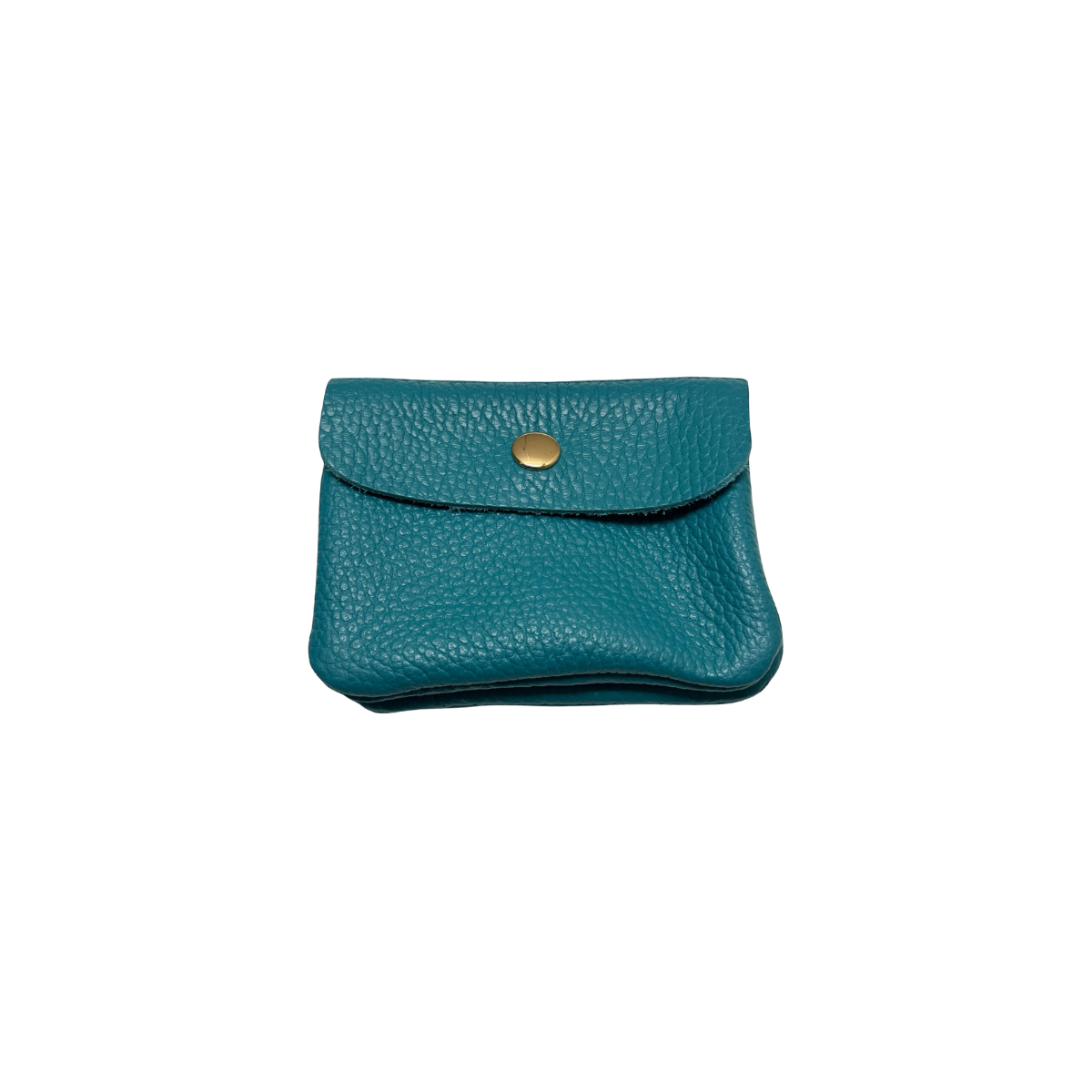 Turquoise pebbled leather mini wallet with front flap and brass snap