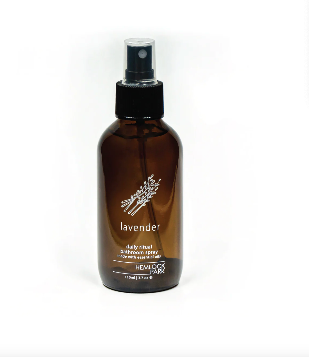 Room spray bottle with lavender label, amber glass, black mist nozzle and cap