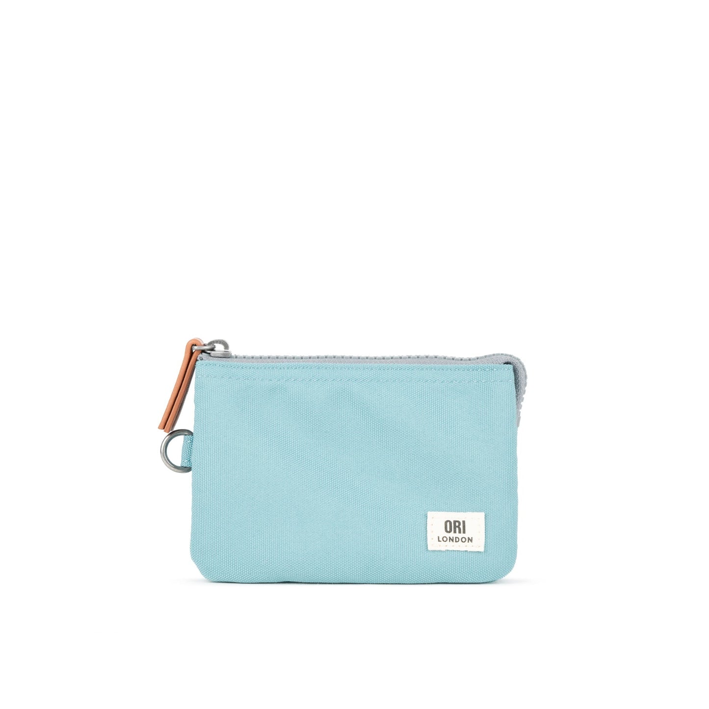 Small recycled canvas zipper pouch, light blue with ring pull and leather-look zipper tab