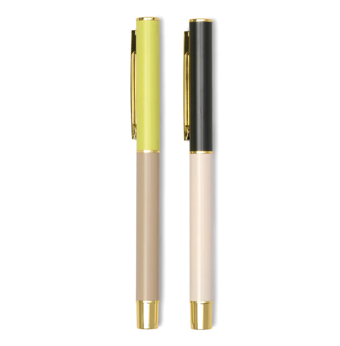 Set of 2 color block pens: yellow/taupe and dark/cream with gold caps