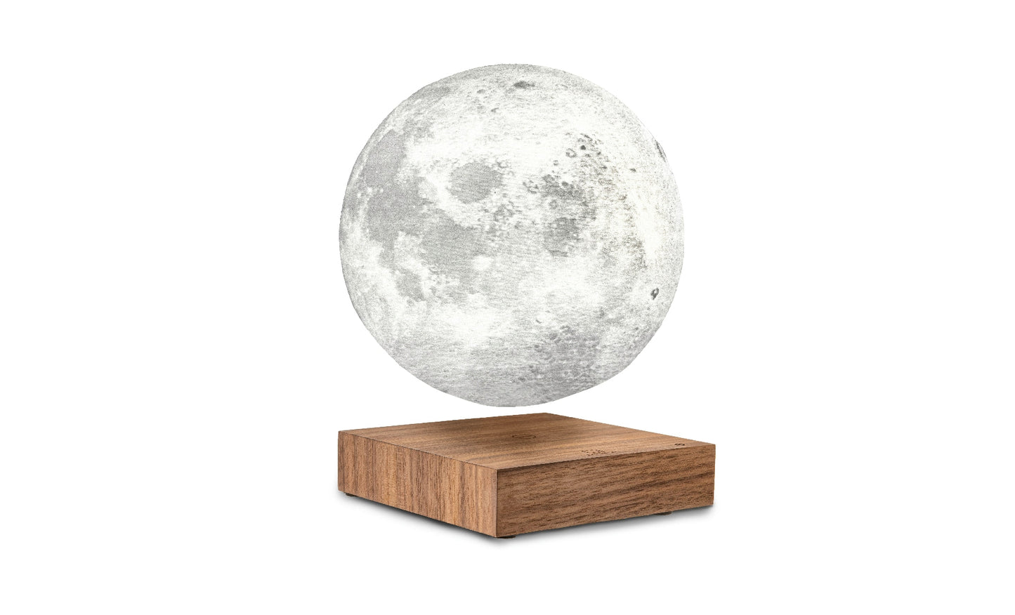 Moon-shaped lamp with glowing white sphere on dark wood rectangular base