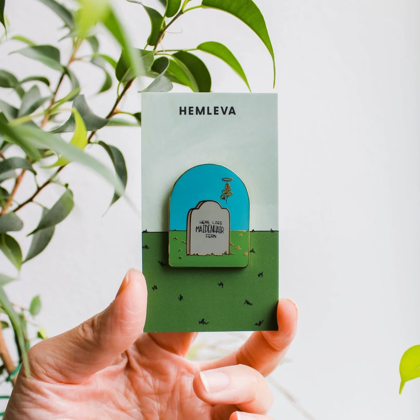 Maidenhair fern grave pin on card, turquoise arch enamel with small gravestone detail
