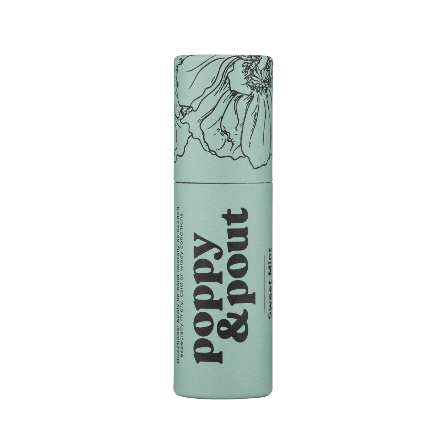 Mint lip balm tube with poppy & pout branding and Sweet Mint label