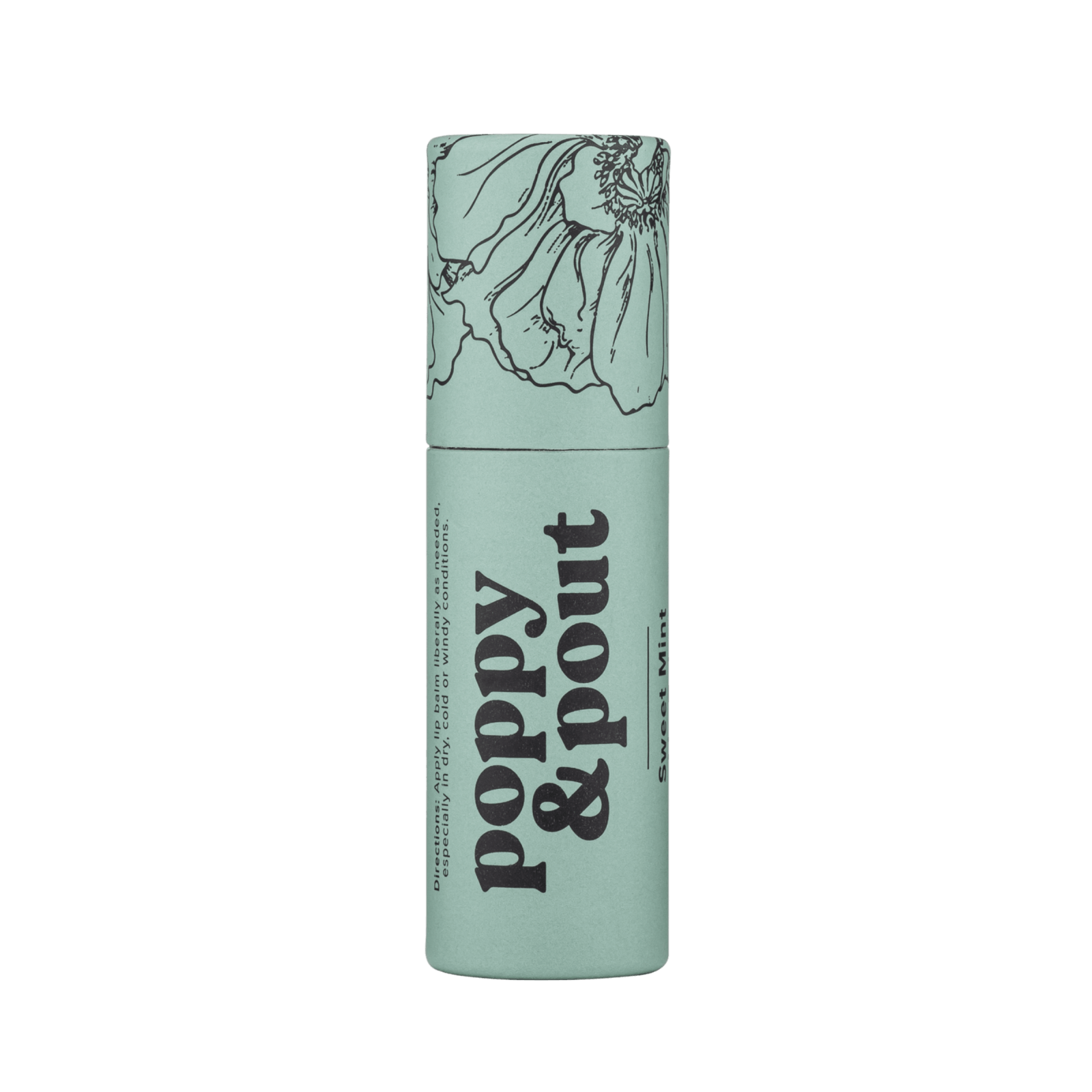 Mint lip balm tube with poppy & pout branding and Sweet Mint label
