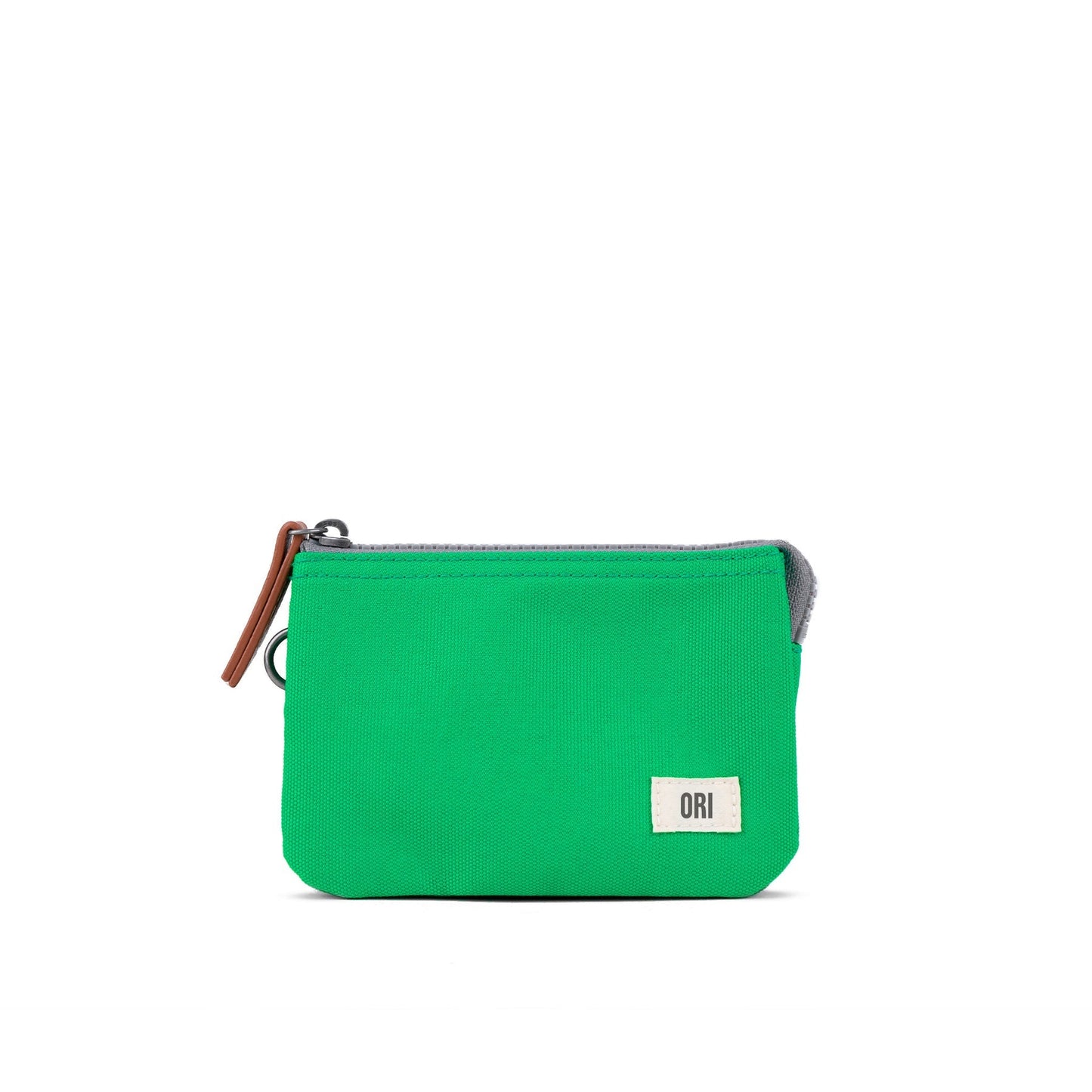 Small recycled canvas zipper pouch, bright green with ring pull and leather-look zipper tab