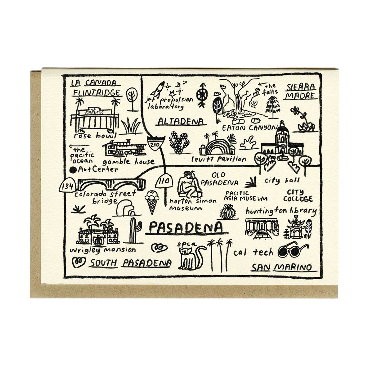 Pasadena map greeting card with hand-drawn black line landmarks and streets on cream background