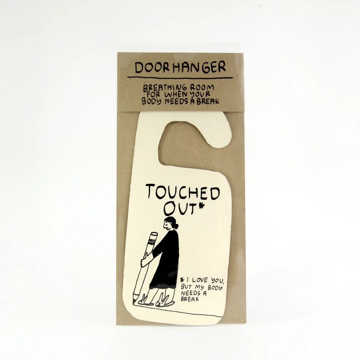 Cream door hanger with 'Touched Out' print and hanging hook, handwritten-style graphic