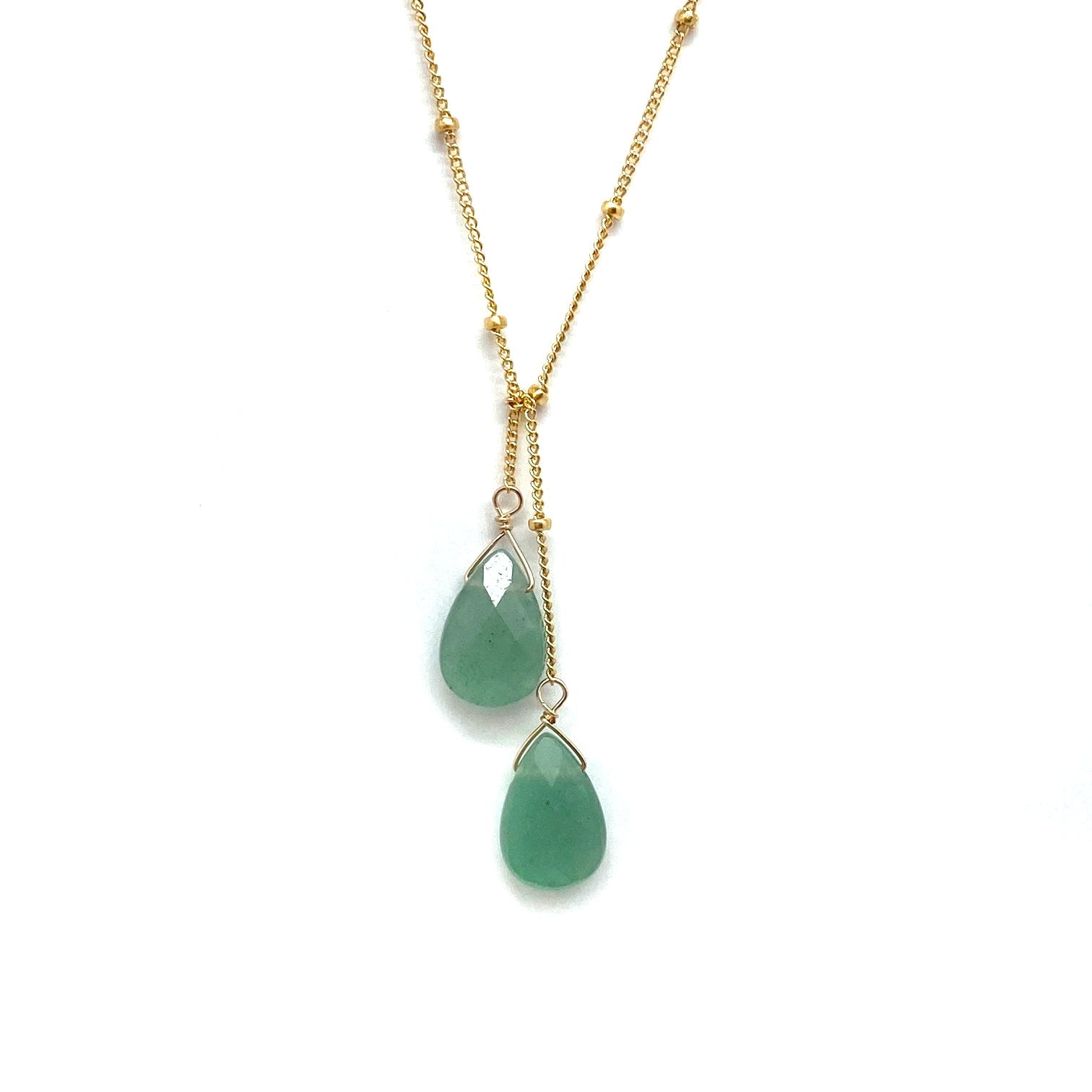 Gold-filled lariat necklace with two green teardrop stone drops