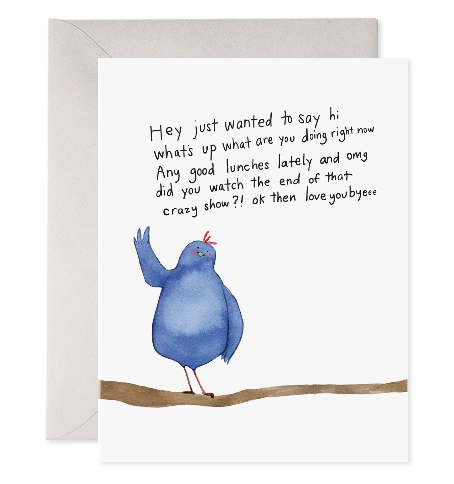 Greeting card with blue bird illustration and handwritten text