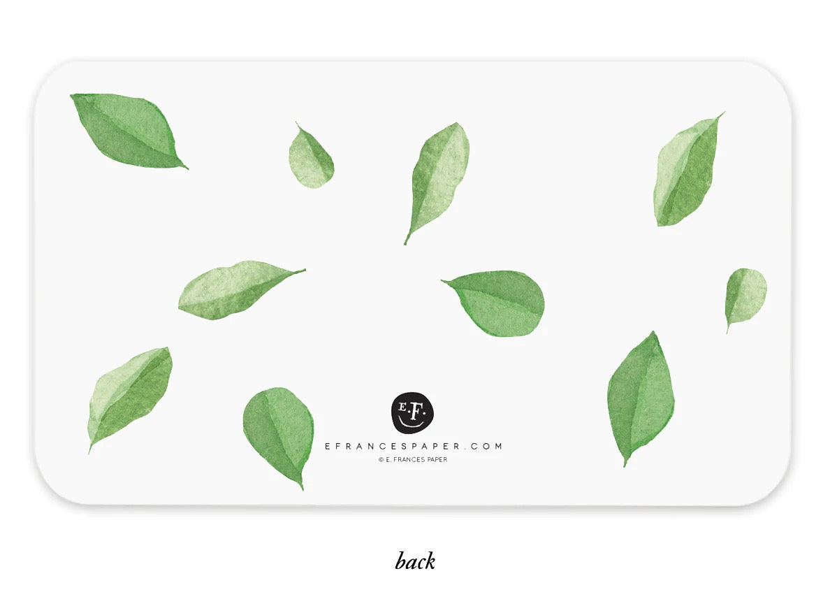 White notebox back with green leaf pattern and small logo mark in center