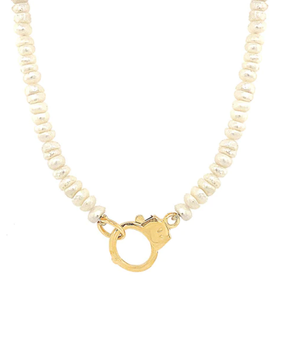 Cream pearl bead necklace with gold loop clasp and heart pendant charm