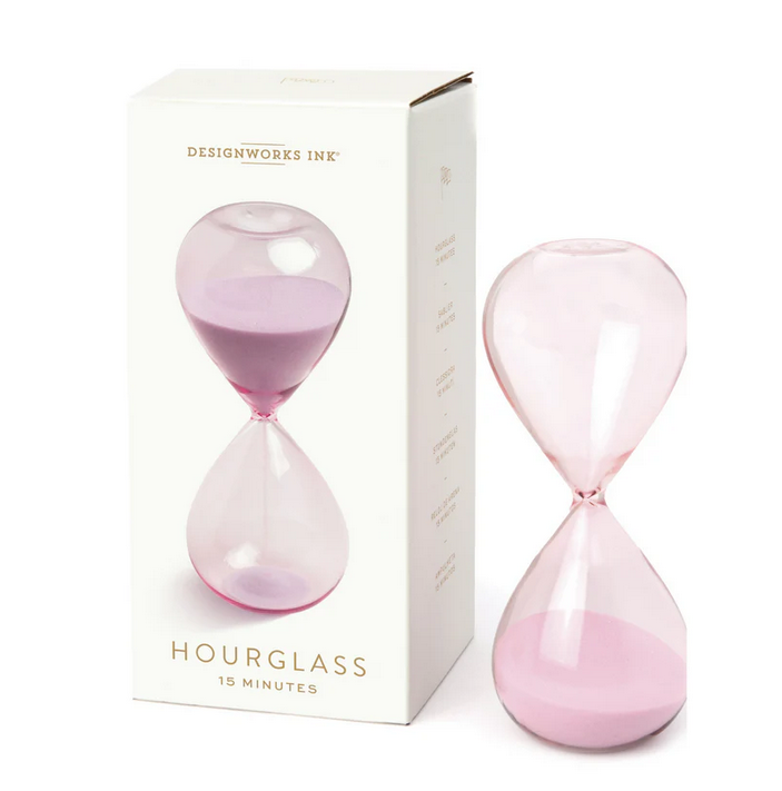 Lilac hourglass sand timer with pink-purple sand, clear glass bulbs, 15 minutes