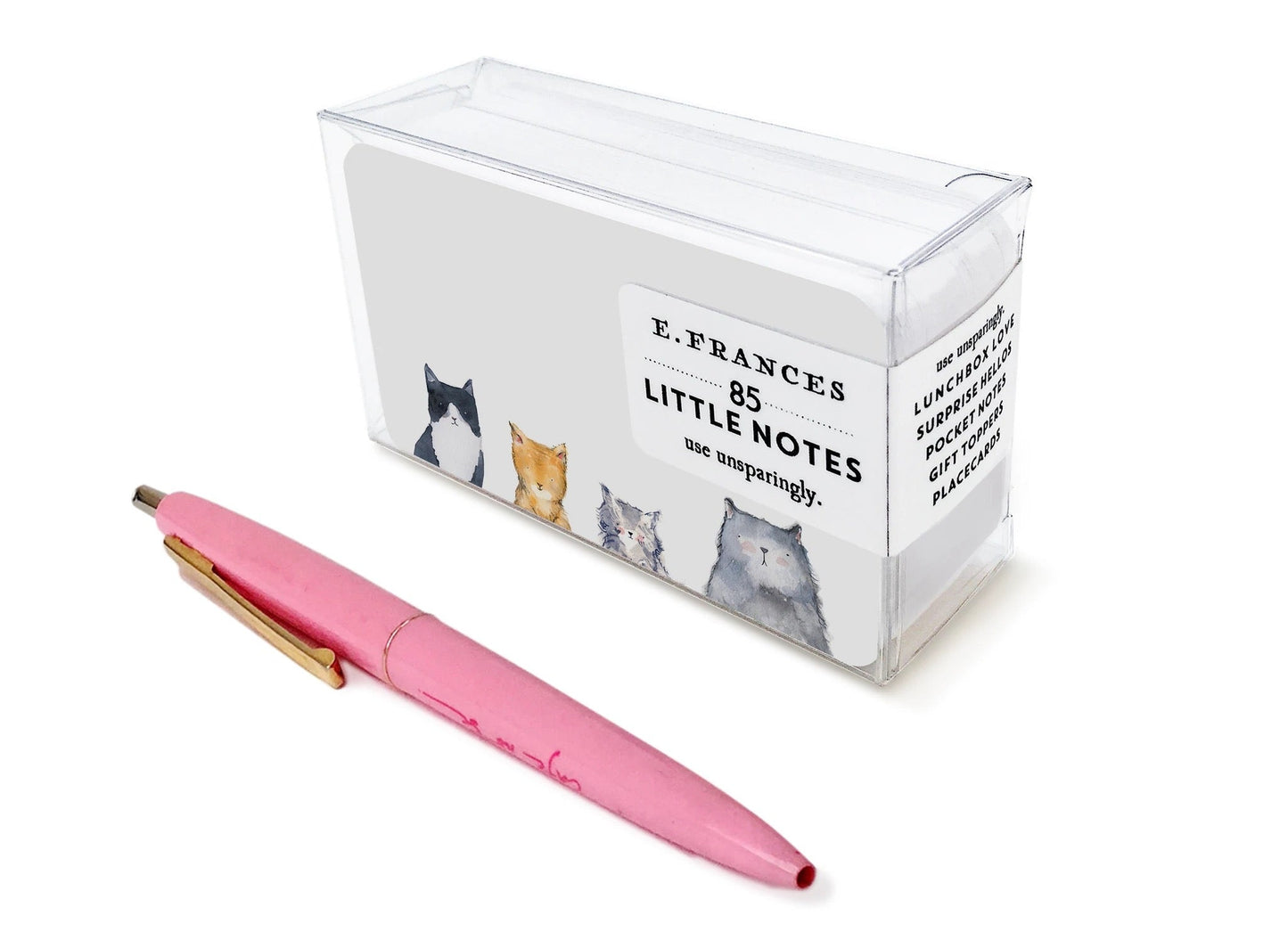 Clear note box with cat illustrations and pink pen, E. Frances Little Notes