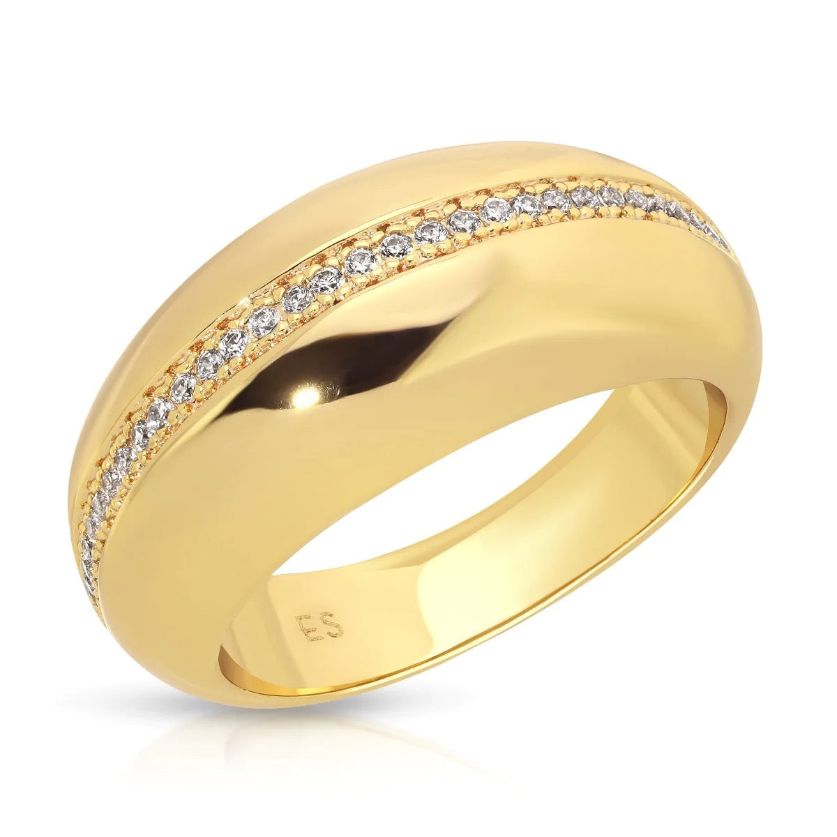 Gold dome ring with pavé clear stones along the top curve