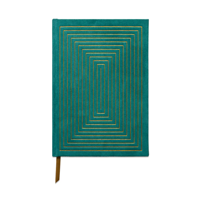 Hard cover suede cloth journal, teal with gold linear box pattern, bookmark ribbon