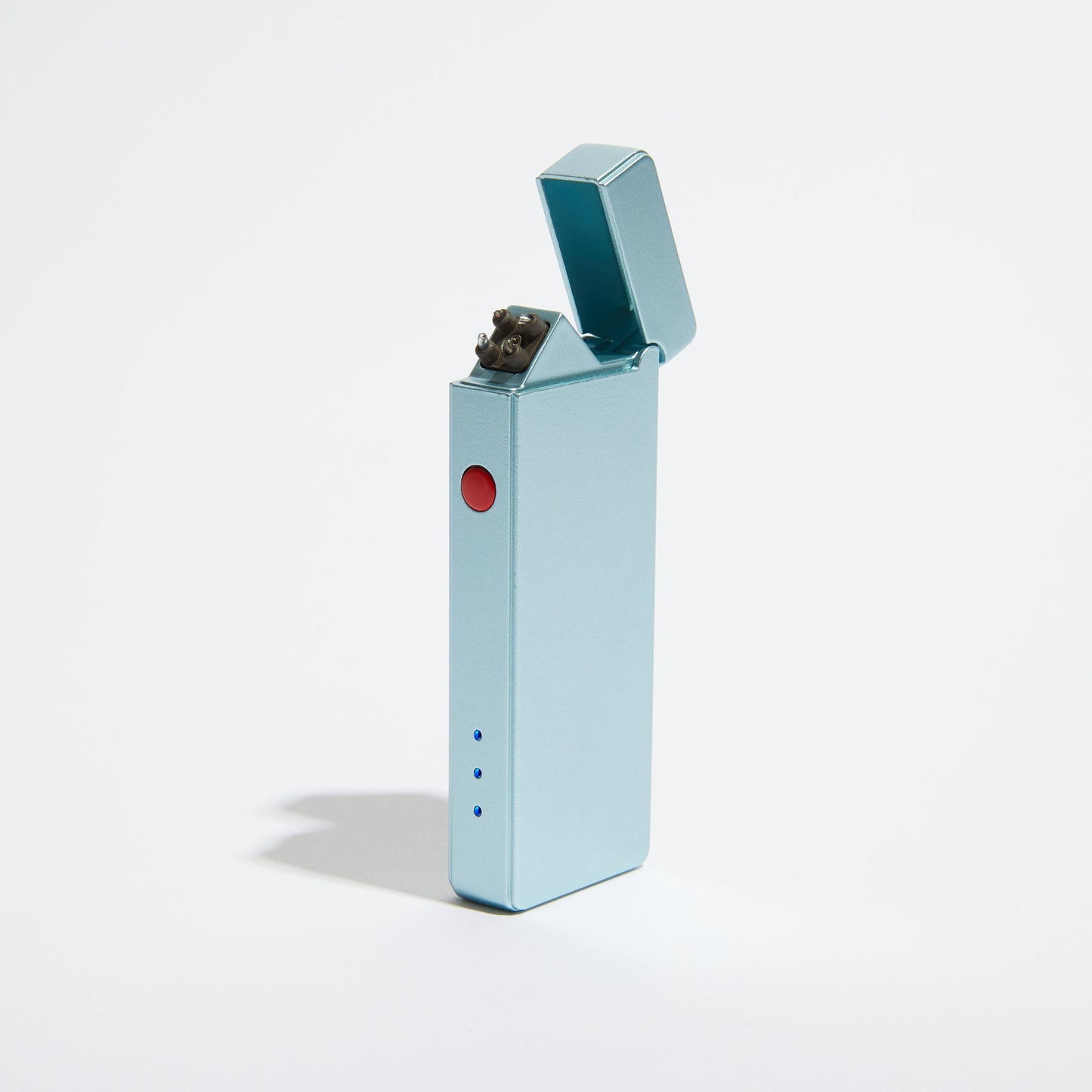 Light blue slim USB rechargeable double-arc lighter with open flip top and red button