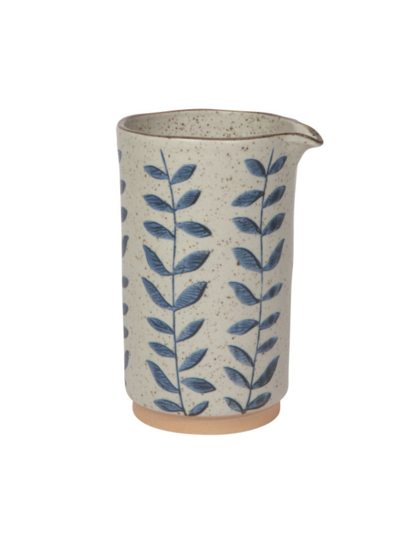 Ceramic vine-pattern pitcher with blue leaf print, speckled light beige body