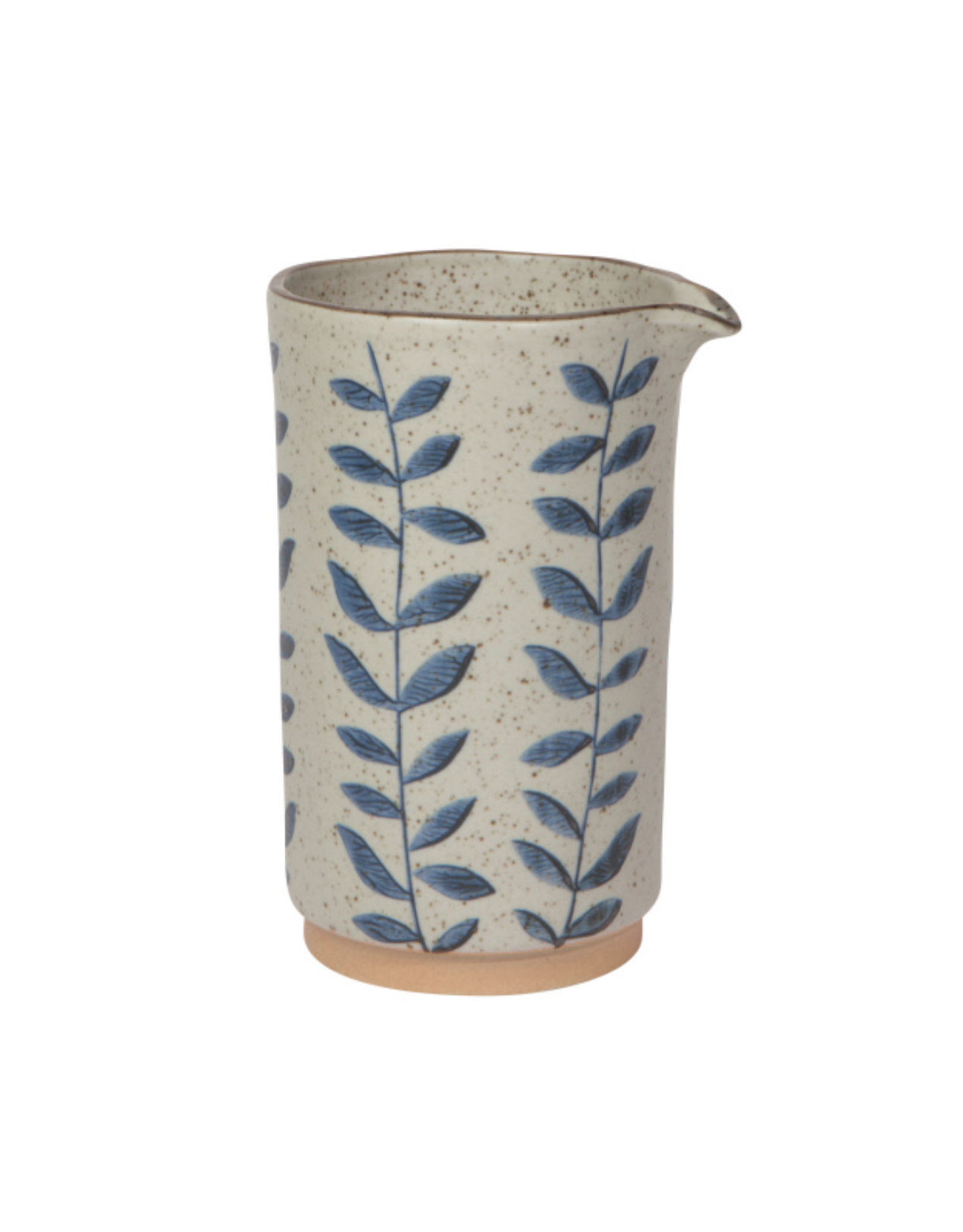 Ceramic vine-pattern pitcher with blue leaf print, speckled light beige body