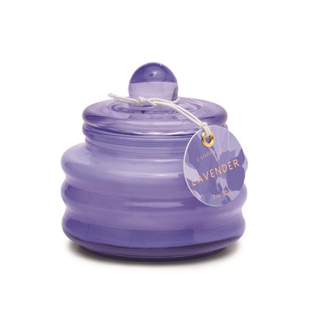 Lavender-scent glass jar candle in purple with dome lid and round tag