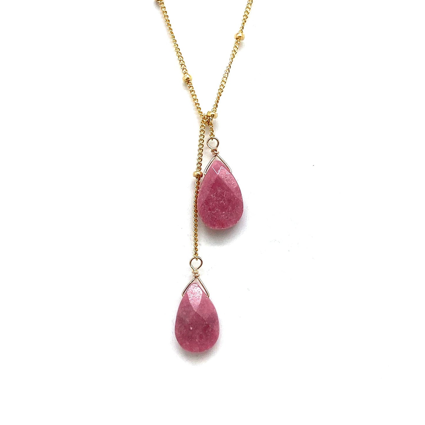 Gold-filled lariat necklace with two rose pink teardrop stone drops
