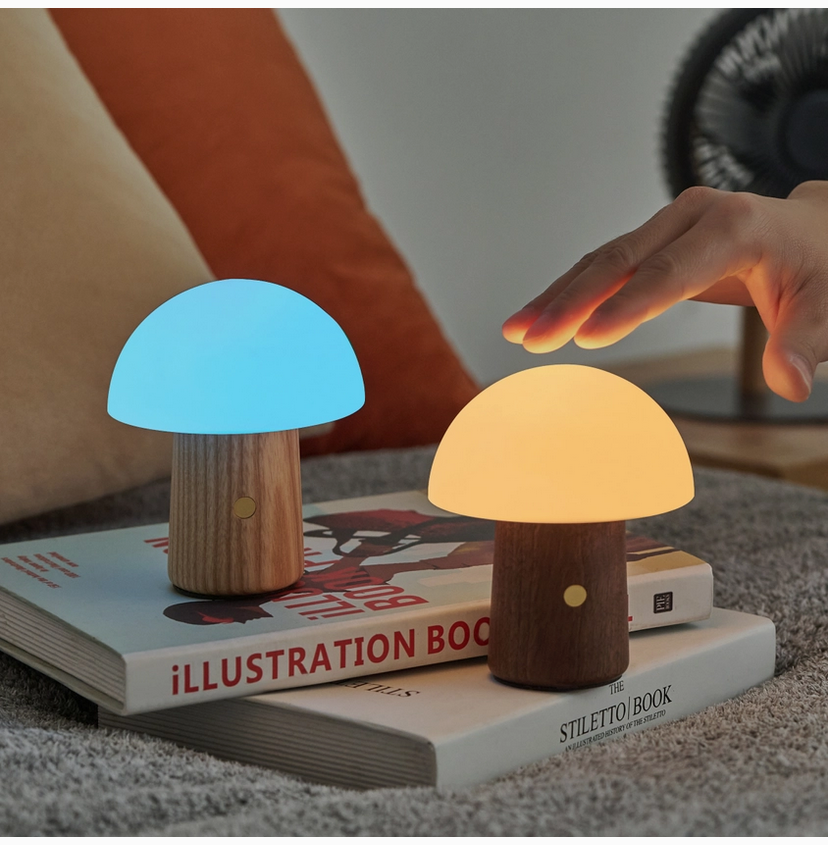 Mushroom table lamp set with light and warm dome lights on wood bases