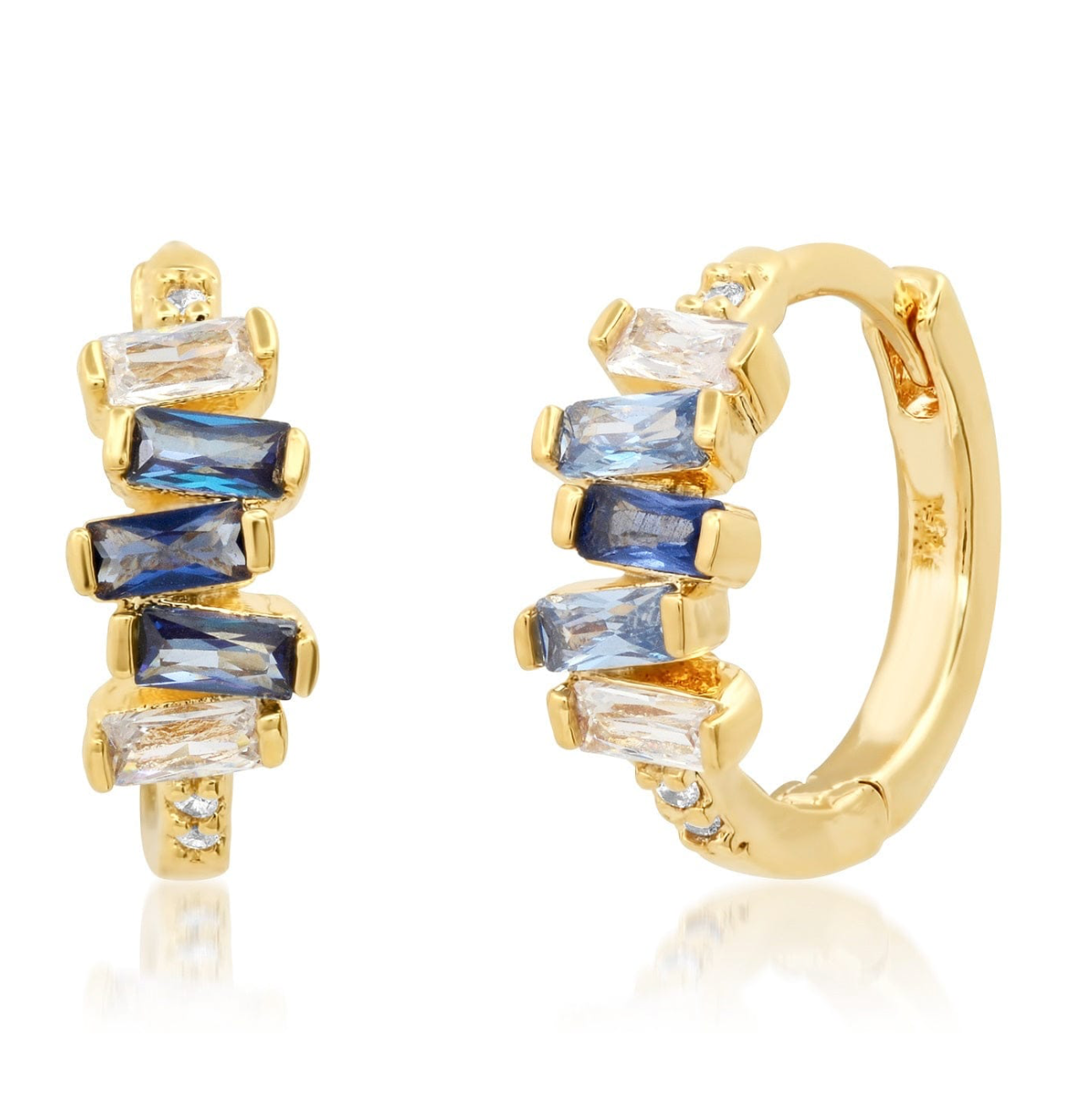 Gold-tone stacked baguette huggie earrings with blue baguette stones and small clear accents