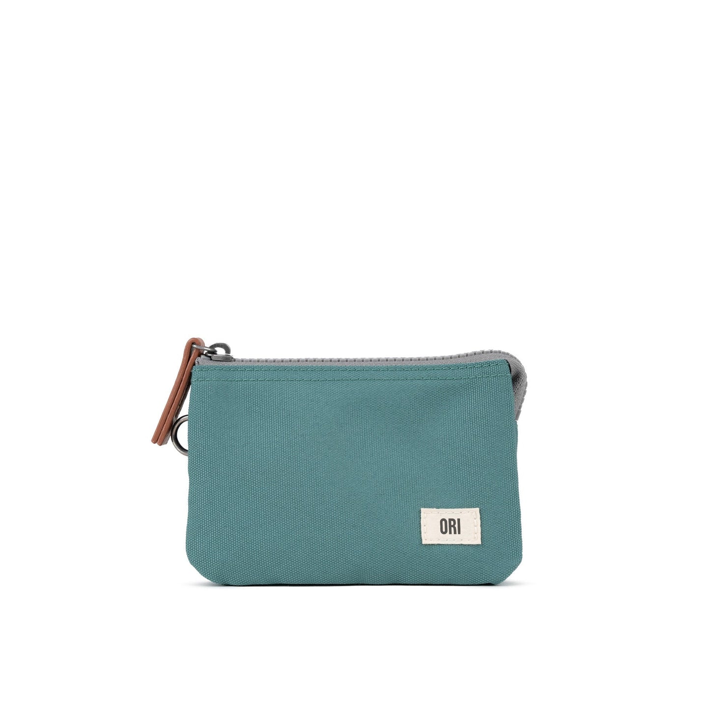Medium recycled canvas zipper pouch, dusty teal with front patch and zipper pull
