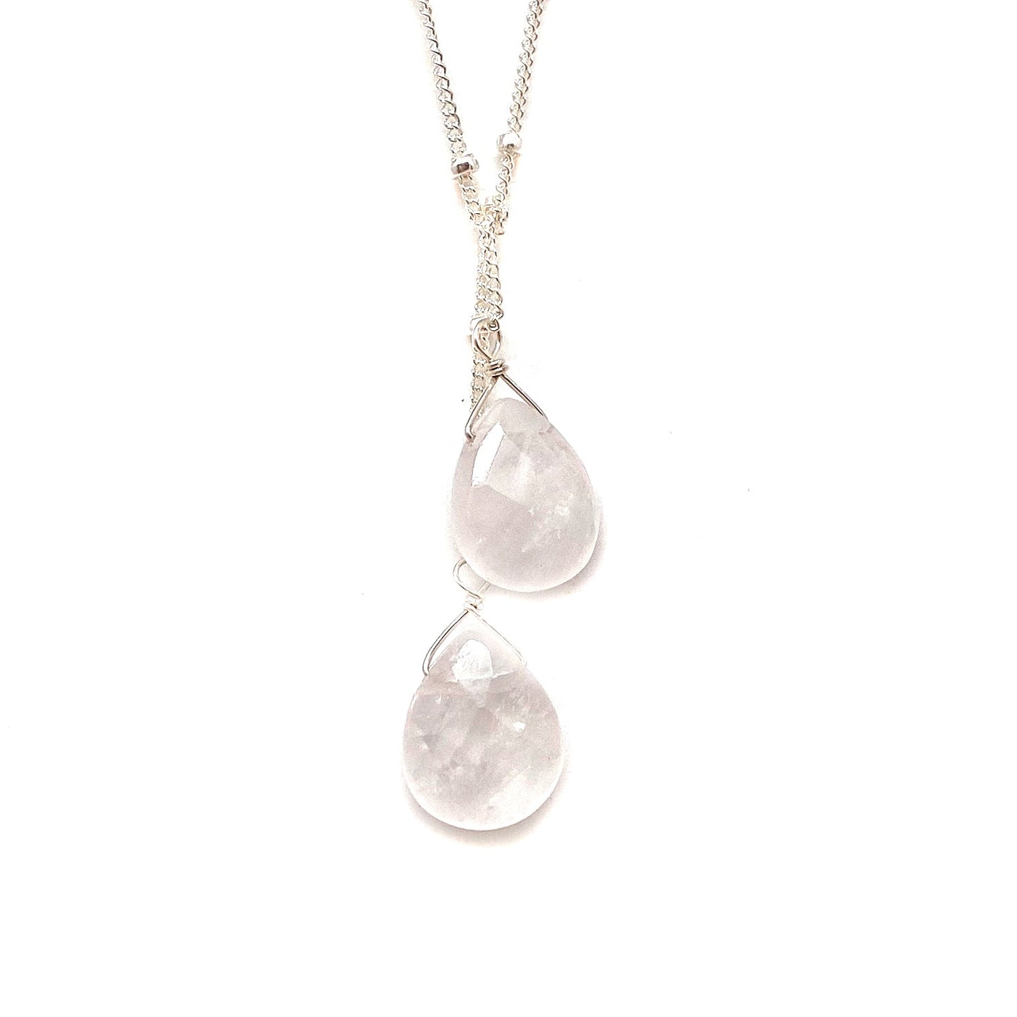 Sterling silver lariat necklace with two pink teardrop stones
